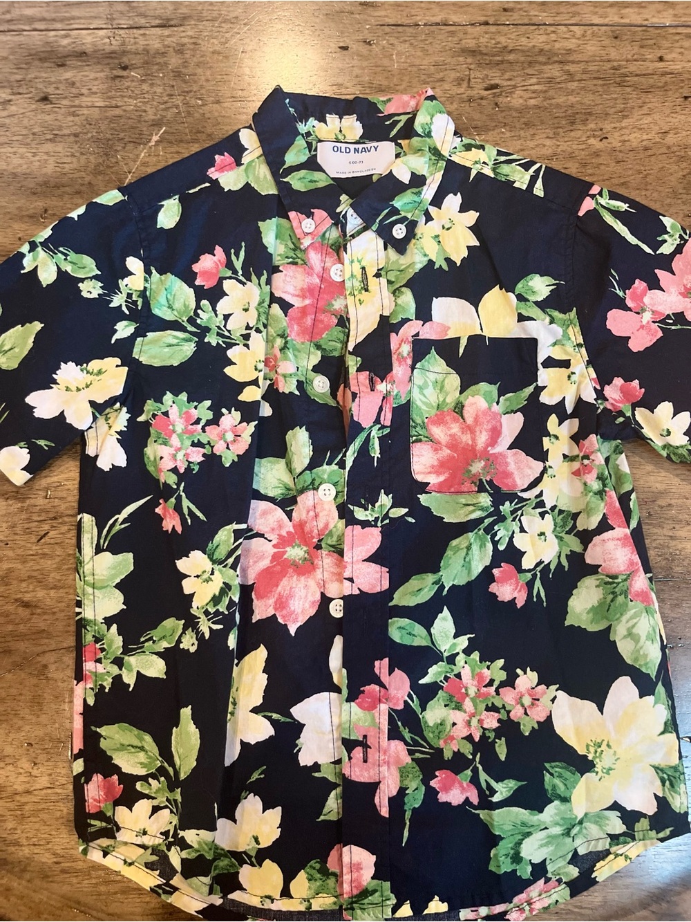 Old Navy Navy Floral Short-Sleeve Button-Down Shirt - Pink, Yellow, Green